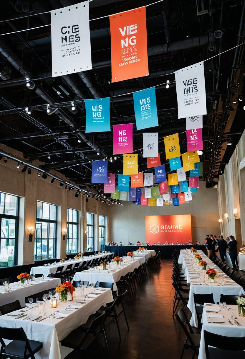 A beautifully arranged event space adorned with vibrant, eye-catching signage showcasing various styles of visual communication. Include elegant banners, creative wayfinding signs, and interactive displays that invite engagement. Capture a diverse crowd enjoying the event, with colors that pop against a soft, ambient background. Super-realistic. Vibrant colors. 3D elements.