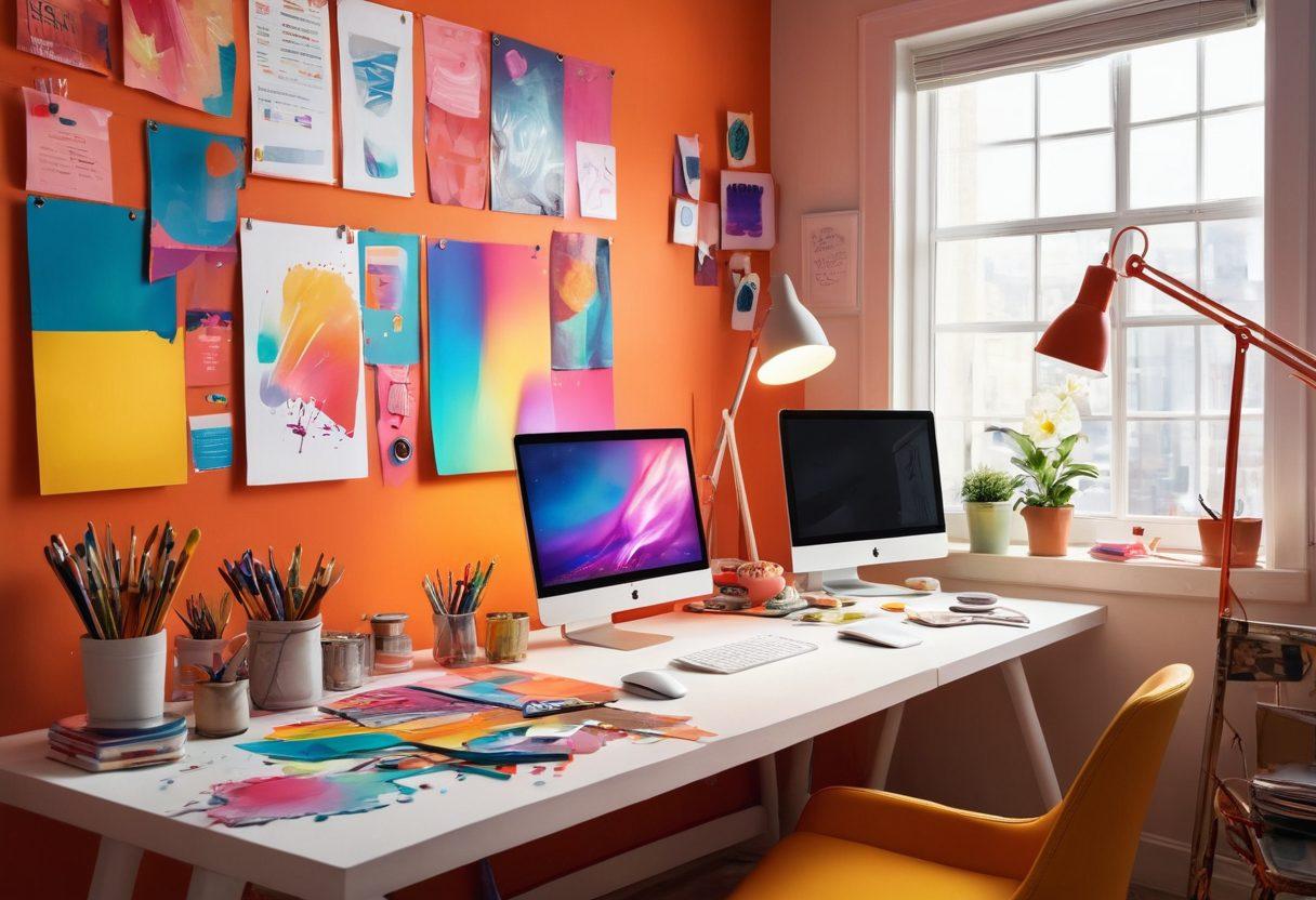 An artist's workspace filled with colorful banners and design tools, showcasing various eye-catching banner designs for events. The scene includes splashes of paint, vibrant colors, and modern digital design software on a sleek workspace. Add elements like ribbons, scissors, and a mood board with inspirations for events. The lighting should be bright and inviting, emphasizing creativity and artistry. vector art. vibrant colors.