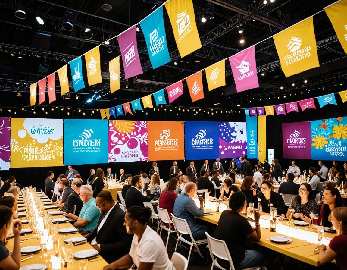 A vibrant, dynamic scene showcasing a diverse group of people engaging with eye-catching event promotion designs. Include colorful banners, digital screens displaying vibrant graphics, and creative invitations scattered around. The setting should be lively, like a bustling event space or festival, filled with joy and interaction. Capture the essence of creativity and excitement in design. super-realistic. vibrant colors. 3D.